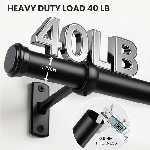 Close-up of Built Tough Adjustable Curtain Rod Set 72 To 144 Inches 1 Inch Diameter highlighting 40lb load capacity