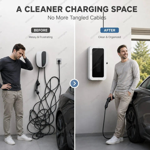 Tough As Nails Outdoor EV Charger Enclosure With Combination Lock And Weatherproof Visible Window for Tesla Charger Storage Security on Garage Driveway or Home Charging Station Setup Black Passcode before and after images showcasing cable organization.