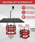 Heavy Duty Router Lift With Reinforced Top Plate Aluminum Alloy And Steel Manual Raise System Slick Height Adjustments For Table Insert Woodshop Builds Black showing installation kit with stainless steel rod.