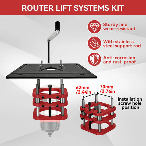 Heavy Duty Router Lift With Reinforced Top Plate Aluminum Alloy And Steel Manual Raise System Slick Height Adjustments For Table Insert Woodshop Builds Black showing installation kit with stainless steel rod.