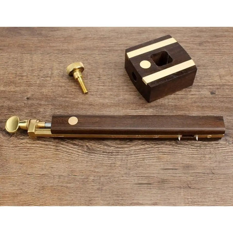 Heavy Lifting Wood Marking Gauge With Rugged Brass Slider And Broad Adjustable Span, includes brass slider and adjustment screw.