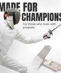 Fencer lunges with a sword wearing Pro Fencing Glove For Foil, Epee, And Saber - All Three Weapons, Washable Fabric