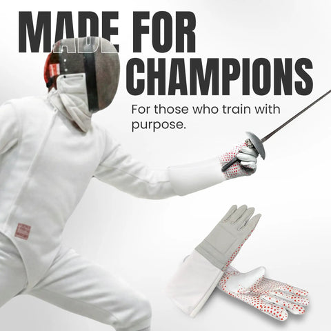 Fencer lunges with a sword wearing Pro Fencing Glove For Foil, Epee, And Saber - All Three Weapons, Washable Fabric