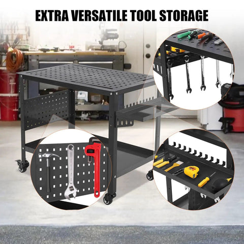 Heavy Duty Portable Welding Table With Easy Roll Caster Wheels And Debris Trap, 1200 Lb Steel Welder Cart with tool storage.