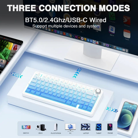 Rock Solid Gasket Mechanical Keyboard With Hot Swappable Switches And Wireless Bluetooth Dual Mode For A Tight Desk Setup showcasing three connection modes and RGB lighting.
