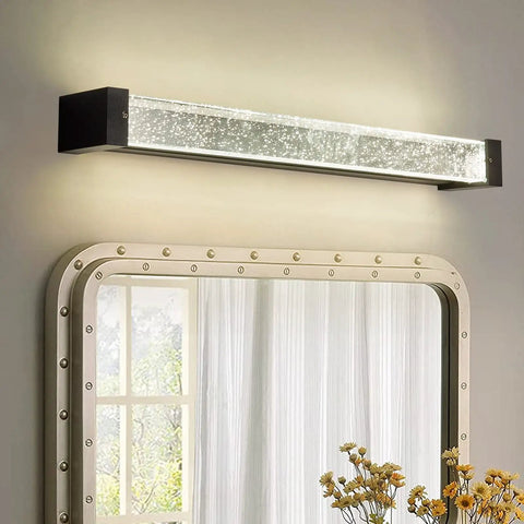 Crystal Bubble Glass Wall Sconce LED Light Fixture Black Modern Dope Vanity Lamp above mirror in indoor bathroom.