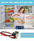 Fridge Defrost Thermostat Bimetal Replacement Part For Easy Install No Fuss Fixes Temperature Control Issues Fridge Too Warm Or Freezer Not Defrosting Fits Whirlpool WPW10225581 PS11750673 2149849 By DR Quality Parts with woman holding orange juice in kitchen, visible fridge interior with fruits.