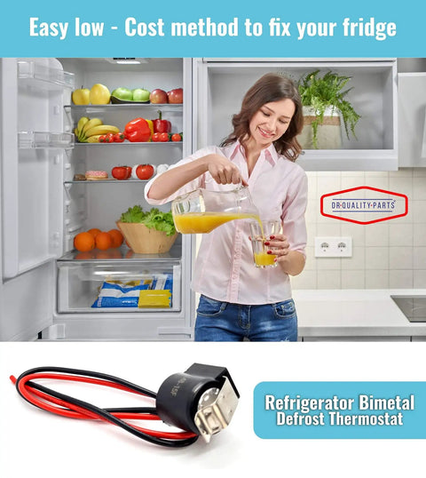 Fridge Defrost Thermostat Bimetal Replacement Part For Easy Install No Fuss Fixes Temperature Control Issues Fridge Too Warm Or Freezer Not Defrosting Fits Whirlpool WPW10225581 PS11750673 2149849 By DR Quality Parts with woman holding orange juice in kitchen, visible fridge interior with fruits.