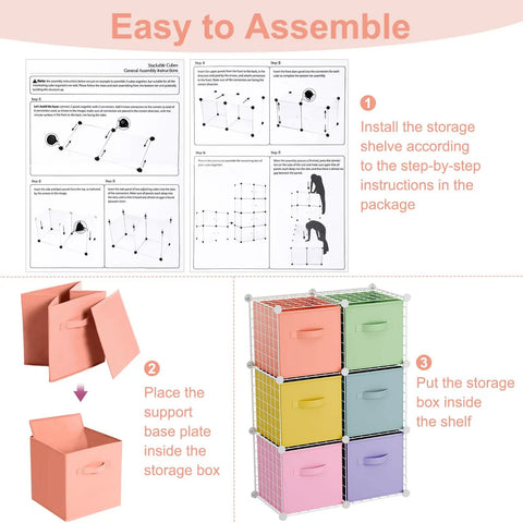 Assembly guide for Six Cube Storage Organizer With Fabric Bins And Wire Grid Shelves Stackable Modular Units For Bedroom Living Room And Office