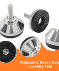 Rock Solid Heavy Duty Leveling Feet 4 Pack Adjustable Table Bolts in silver and black, showing adjustable rubber base for stability.