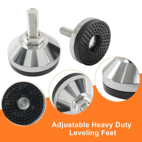 Rock Solid Heavy Duty Leveling Feet 4 Pack Adjustable Table Bolts in silver and black, showing adjustable rubber base for stability.