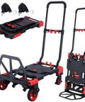 Heavy Duty 2-In-1 Folding Hand Truck And Utility Dolly Cart With 5-Inch Dual Rubber Wheels in folding and unfolded positions.