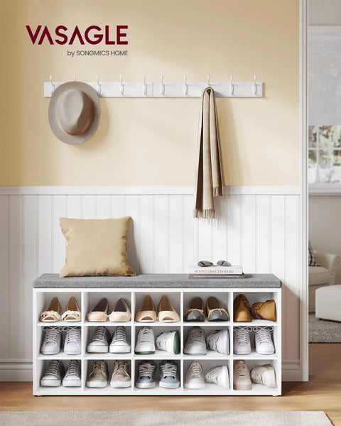 Storage Shoe Bench With Padded Seat And Fifteen Compartments For Entryway Or Bedroom, Cloud White And Dove Gray, shown in a room