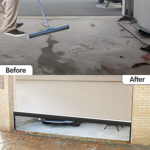 Before and after using Heavy-Duty Garage Door Bottom Seal Kit With Pre-Drilled Aluminum Track Retainer Base U-Shaped And O-Ring Weather Stripping For Universal 1-5/8 Inch T-Track Roll-Up Doors Black 16 Ft Extreme Temperature Resistant From -40F To 140F, showing improved seal against debris.