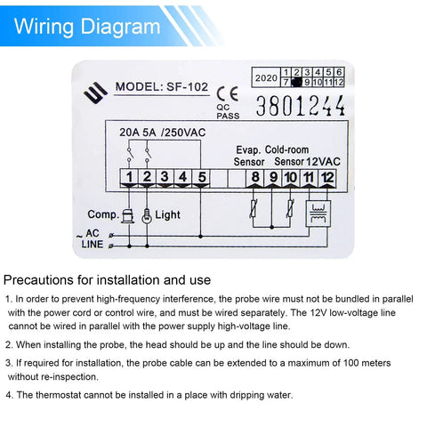 Wiring diagram for SF 102 Digital Temperature Controller For Freezers And Air Cooled Cabinets 110V with installation guide.