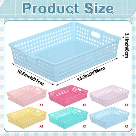 Six Pack Plastic Turn In Paper Trays Set For Classroom Storage And Office Organization In Pastel Colors with product dimensions shown