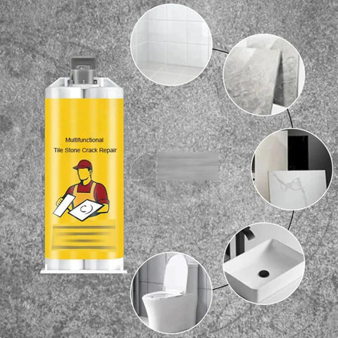 Quick Dry Tile Repair Glue DIY Kit With Complete Tool Set For Permanent Fixes Of Chips Pits And Cracks In Granite Marble Porcelain Ceramic Surfaces Multifunctional Tile Stone Crack Repair Paste For Bathtub Floor shown in use on various surfaces.