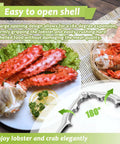 Plated King Crab legs showing Three Piece Lobster Crackers And Picks Set Stainless Steel Crab Leg Tools beside them