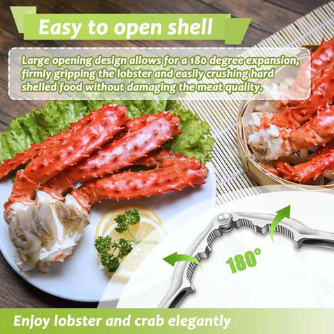 Plated King Crab legs showing Three Piece Lobster Crackers And Picks Set Stainless Steel Crab Leg Tools beside them