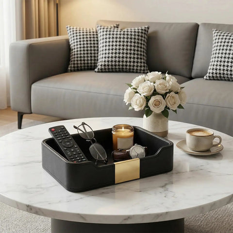 Premium PU Leather Valet Tray Organizer for desk and nightstand on marble table, holds remote, glasses, watch, candle.