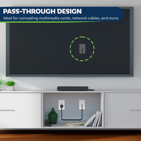 Flexible Rubber Cable Pass Through Wall Plate 2 Pack For Hdmi Coax And Speaker Wire Low Voltage Home Theater Gaming Setup Cord Management Faceplate mounted above entertainment unit, concealing cables.