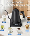 Gooseneck Electric Kettle With Precise Temperature Control Pro Grade 1L 1200W Fast Heating on counter with drinks