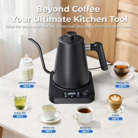 Gooseneck Electric Kettle With Precise Temperature Control Pro Grade 1L 1200W Fast Heating on counter with drinks