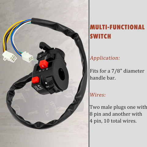 Multi-functional switch with 10 wires for 7/8" handlebar, part of Complete Wiring Harness Kit For ATV Quad 50cc To 125cc 4 Stroke Engines