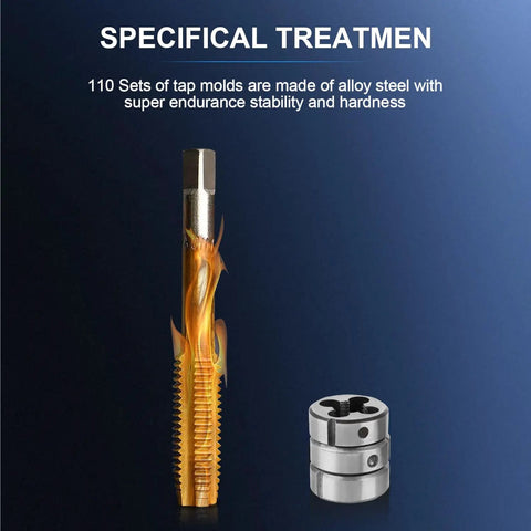 110 Pcs Beefed-Up Metric Tap and Die Set M2-M18 Rethreading Kit showing alloy steel tap and die for durable threading.