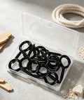 10 Pack Tough As Nails M6 Eye Screws 2.2 Inch Black Heavy Duty Carbon Steel Self Tapping Screw Eye Hooks in a clear box.
