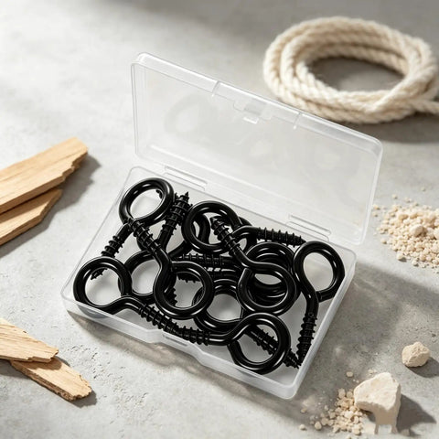 10 Pack Tough As Nails M6 Eye Screws 2.2 Inch Black Heavy Duty Carbon Steel Self Tapping Screw Eye Hooks in a clear box.