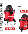 Front and back view of All In One 5 Gallon 4.5 HP Wet Dry Vacuum With Attachments showing specifications and dimensions.