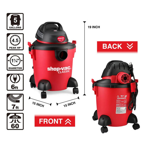 Front and back view of All In One 5 Gallon 4.5 HP Wet Dry Vacuum With Attachments showing specifications and dimensions.