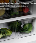 Compact Counter Depth Refrigerator With Top Freezer 11.6 Cubic Feet, Slick Silver Vibe, Roomy Cold Storage, Humidity-controlled crisper drawer with fresh vegetables.