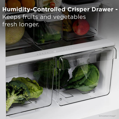 Compact Counter Depth Refrigerator With Top Freezer 11.6 Cubic Feet, Slick Silver Vibe, Roomy Cold Storage, Humidity-controlled crisper drawer with fresh vegetables.