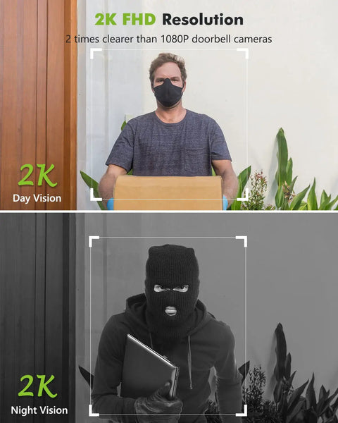 Day and night footage from 2K Wireless Video Doorbell With Chime And Cloud Storage Night Vision Clarity AI Motion Detection