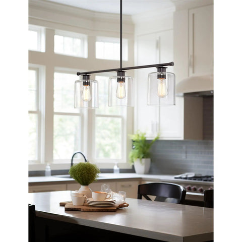 Dope Three Light Modern Industrial Farmhouse Kitchen Island Pendant Lighting With Clear Glass Cylinder Shades in kitchen
