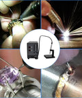 Five In One Jewelry Welder Kit Arc Spot Welder with 50-600A current, shown in use on various metals and jewelry pieces.