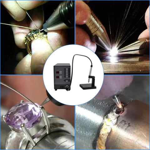 Five In One Jewelry Welder Kit Arc Spot Welder with 50-600A current, shown in use on various metals and jewelry pieces.