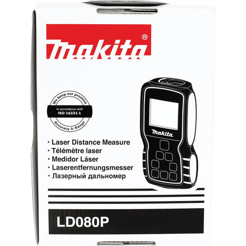 Box of Makita LD080P Pro Grade Laser Distance Meter With 262 Foot Range And Precision, Measures To 1/16 Inch, multilingual text