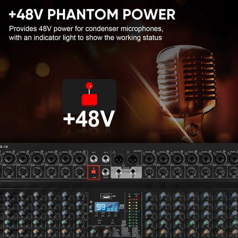 Image of 16 Channel Pro Audio Mixer For Live Sound And Studio DJ Performances With Bluetooth USB Recording 99 DSP Effects 48V Phantom Power Built In Reverb MP3 Player And Easy Karaoke Setup with microphone and interface display.