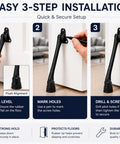 Easy installation steps for Heavy Duty Kickdown Door Stopper With Extended Reach Design and Rock Solid Zinc Alloy Frame.