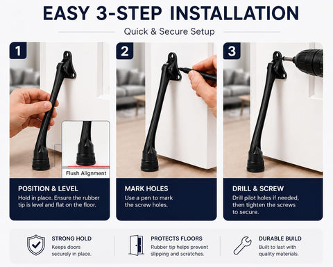 Easy installation steps for Heavy Duty Kickdown Door Stopper With Extended Reach Design and Rock Solid Zinc Alloy Frame.