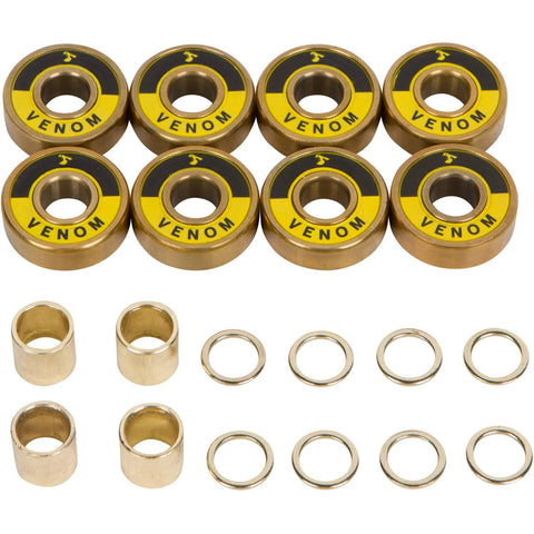 Skateboard bearings set: eight Venom gold bearings with yellow label; includes brass spacers and washers