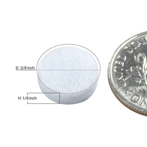 Close-up of 3/8 inch diameter round white felt pad next to coin, part of 168 Pack Heavy Duty Self Adhesive Felt Pads Three Eighths Inch Diameter