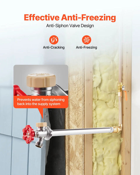 Frost Proof Outdoor Sillcock With No Fuss Anti Siphon Valve And Backflow Preventer Twelve Inch One Half Inch Push To Fit Connector To Three Quarter Inch Hose Bibb No Lead Frost Free Spigot For PEX Copper CPVC Plumbing installed in wall with insulation.