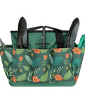 Waterproof Garden Tool Bag With 8 Side Pockets And Big Main Compartment, Durable 600D Oxford Tote For Wet Gardening, Green Floral Pattern