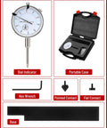 Gearhead Pro Grade Cylinder Bore Gauge With Sleeve Height And Counterbore Tool For All Diesel Engines, 0 To 1 Inch Range, 0.001 Inch Precision, Dial Indicator Kit With Base, Flat And Point Contacts, Hex Wrench, And Durable Case, showing dial indicator, case, hex wrench, and contacts.
