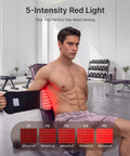 Man using Dope Cordless Heating Pad for Back Pain with 3 in 1 Red Light Therapy Belt, showing 5 intensity levels in a gym setting.