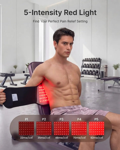 Man using Dope Cordless Heating Pad for Back Pain with 3 in 1 Red Light Therapy Belt, showing 5 intensity levels in a gym setting.